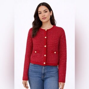 Sincerely Jules Red Cropped Cardigan Sweater Gold Buttons Textured Knit M